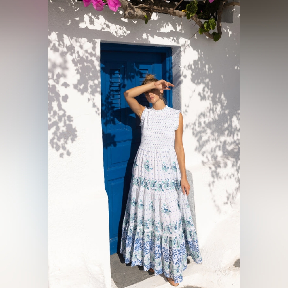 $398 NWT OLIPHANT SMOCKED CORFU BLUE MAXI DRESS XXS